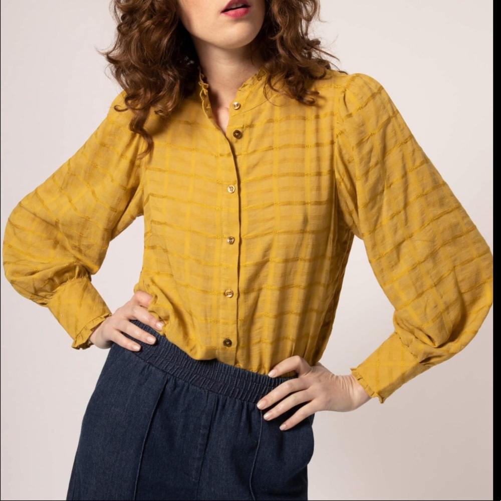 FRNCH Mustard Ruffle Puff Long Sleeve Top